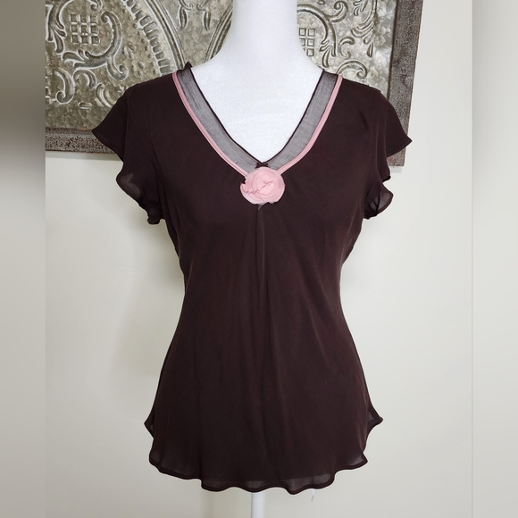 Sunny Leigh Tops - Sunny Leigh Y2K Chocolate & Pink 100% Silk Rosette Top Med Dainty 2000's Retro